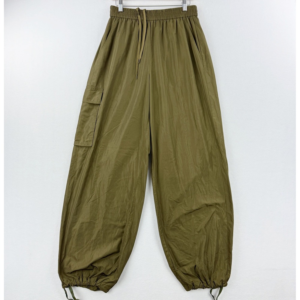 Tibi Green Wide Leg Pants with Elastic Waistband